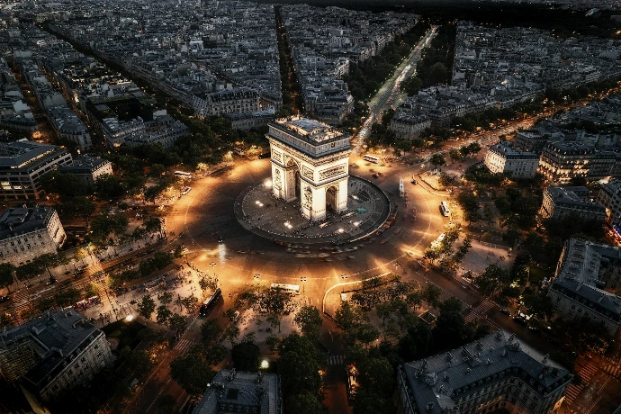 an aerial view of a city at night